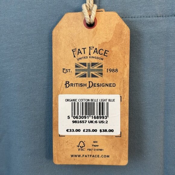 Fat Face Organic Cotton Belle Blue Short Sleeve Tee - Light Blue Sz2 - Picture 6 of 9